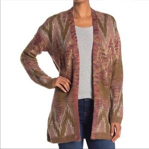 Lucky Brand Chevron Metallic Stitch Open Front Cardigan Sz M Green / Pink NWT